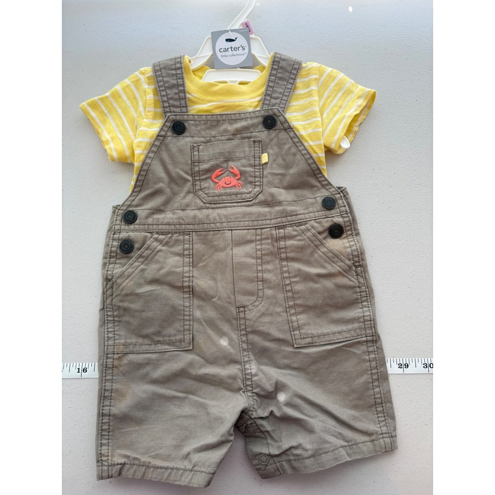 Carters Little Collections Baby Boys 9M Yellow Striped Shirt Khaki Crab Overalls